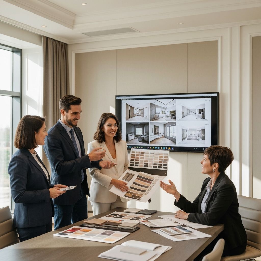 Interior architect team meeting with client showing design samples
